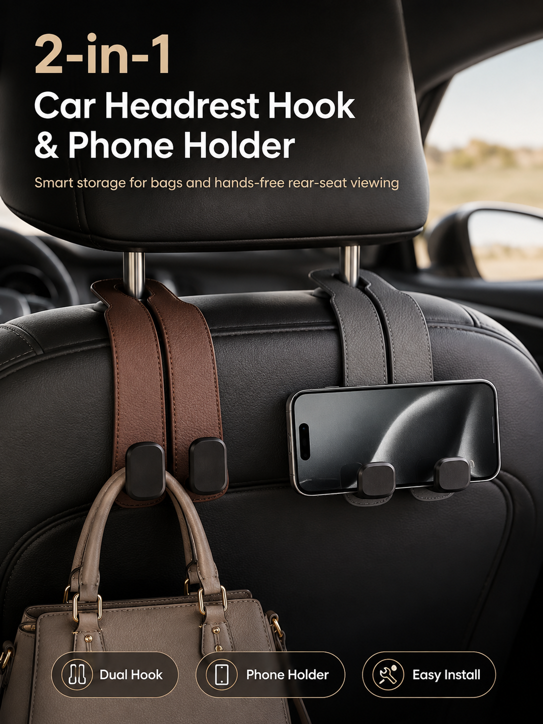 🚗2-in-1 Car Headrest Hook &amp; Phone Holder - image 1