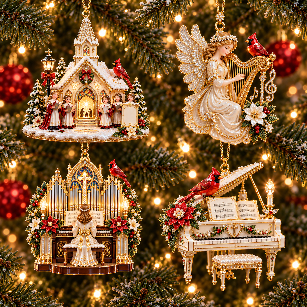 Heavenly Christmas Music Ornament -Church, Angel Harp, Cathedral Organ & Grand Piano Holiday Collection