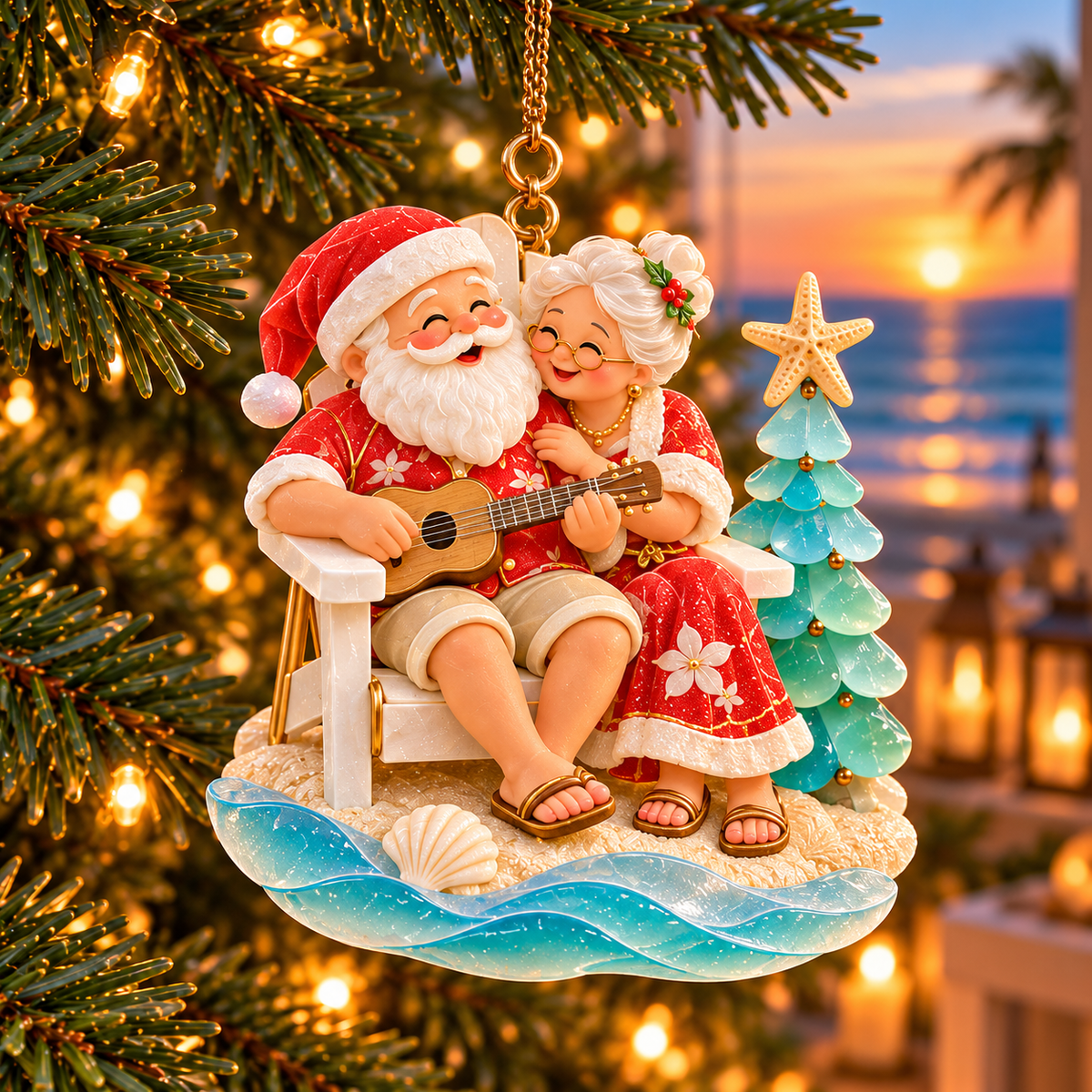 🏖️ 2026 Coastal Christmas Santa & Mrs. Claus Ornaments – Set of 6 Tropical Holiday Keepsakes