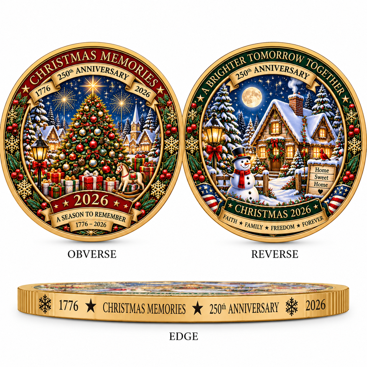 2026 "Christmas Memories" - 250th Anniversary Commemorative Coin, a double-sided holiday collectible.