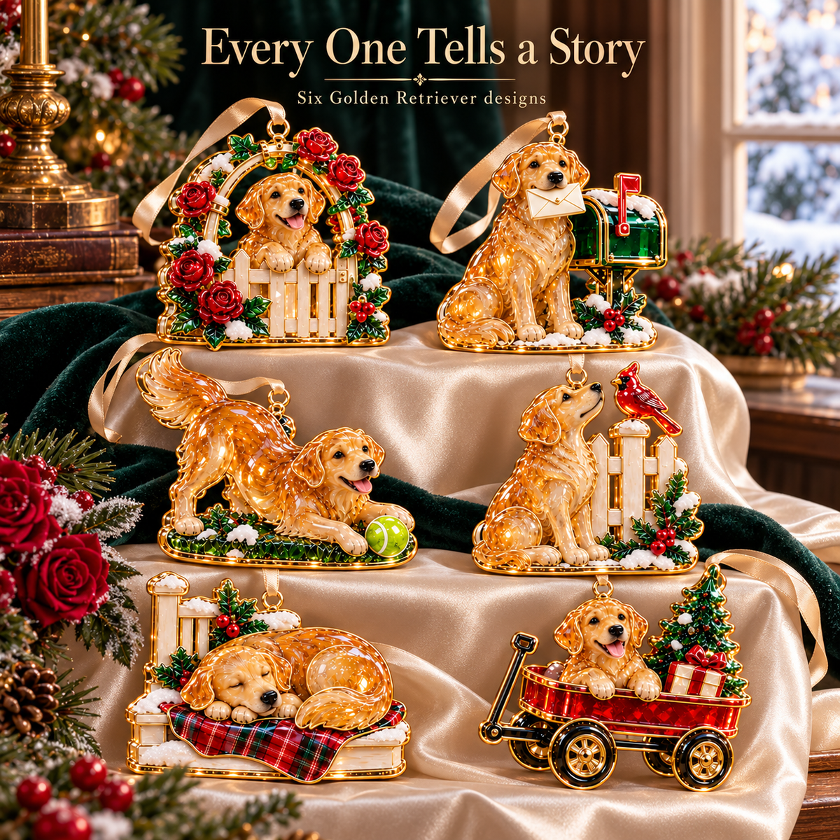 Complete collection of six Golden Retriever Christmas ornaments