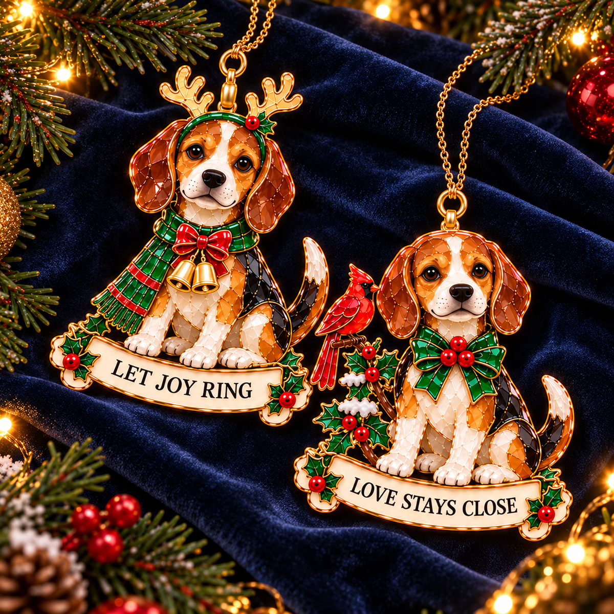 2026 Beagle Christmas Ornament Gift Set – 6 Festive Designs with Stained Glass Style & Heartwarming Wishes