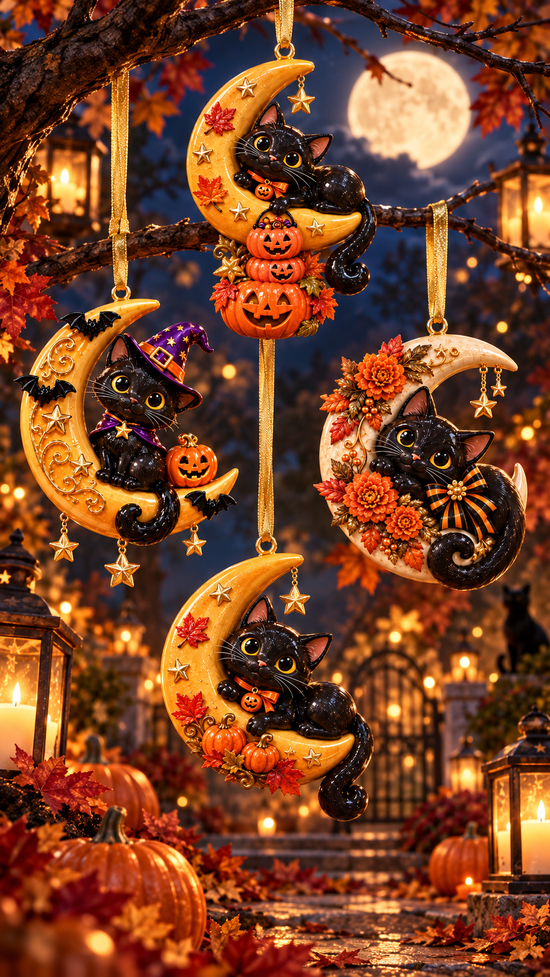 Black cat crescent moon ornament in a moonlit autumn Halloween garden