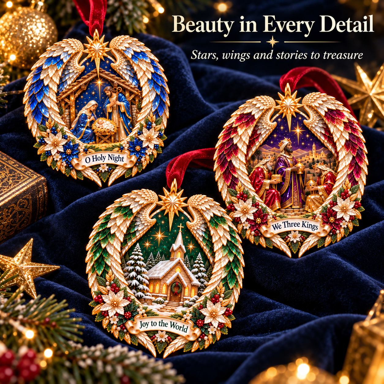O Holy Night We Three Kings and Joy to the World angel wing ornaments showing intricate details