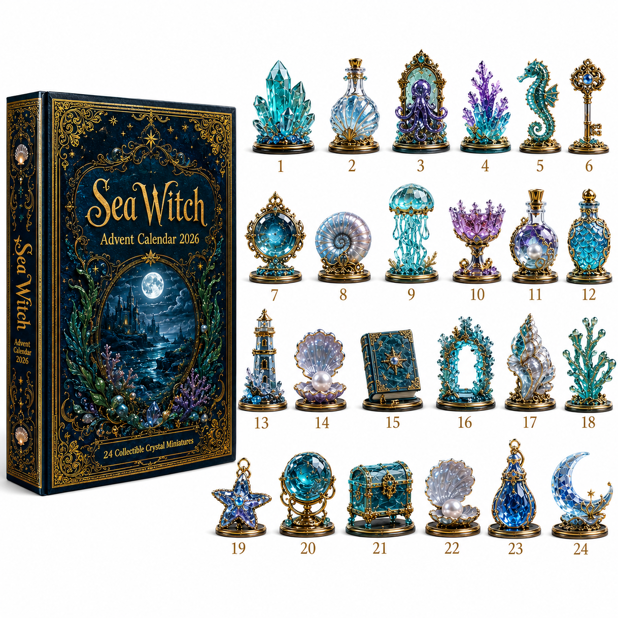 Sea Witch Advent Calendar 2026 – 24-Day Enchanted Ocean Crystal Miniature Countdown Calendar | Mystical Sea Collectible Gift Set