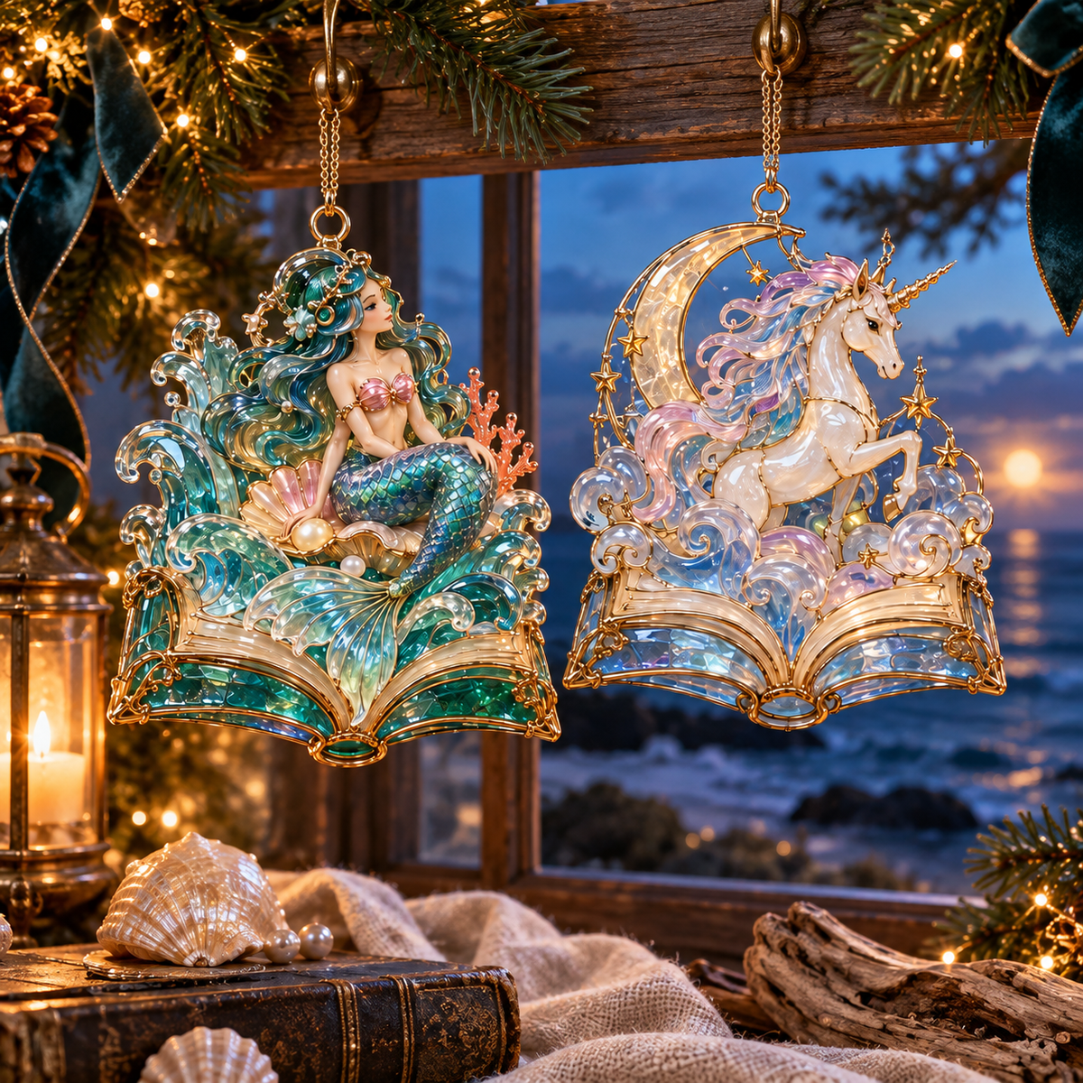 🎄 2026 Enchanted Storybook Christmas Ornaments – Set of 6 |  Stained Glass Fairy Tale Castle, Unicorn, Fairy, Mermaid, Dragon & Snowy Village Hanging Decorations | Magical Christmas Tree Ornaments & Fantasy Lover Gifts
