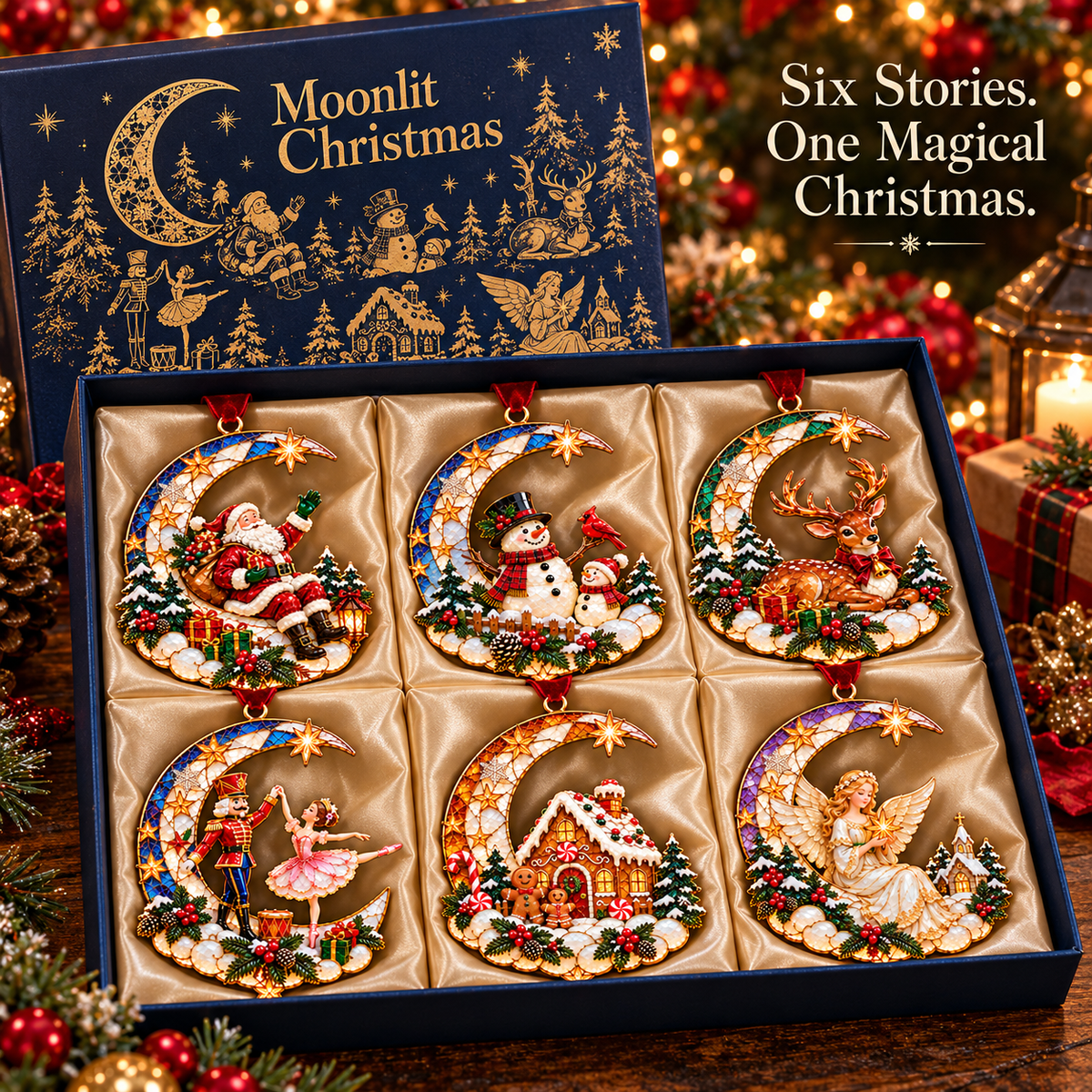 Six crescent moon Christmas ornaments presented together as one complete storybook set
