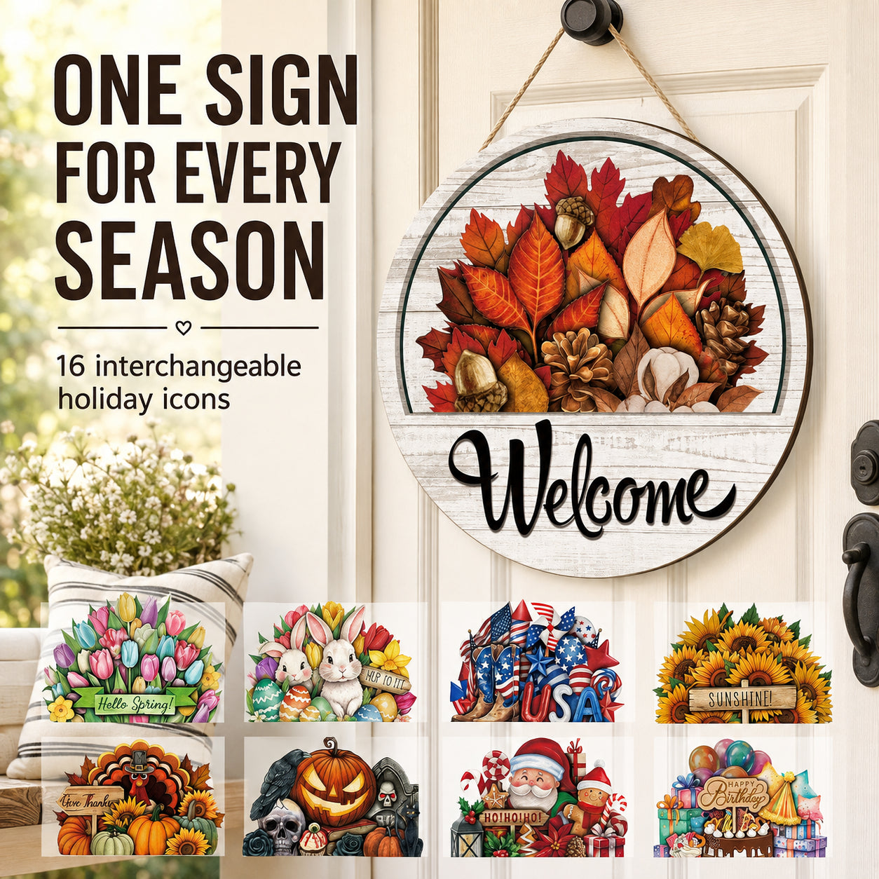 🌟 16-in-1 Interchangeable Seasonal Welcome Sign for Front Door 🚪 Porch Decor & Holiday Home Decorations 🌿 - image 4