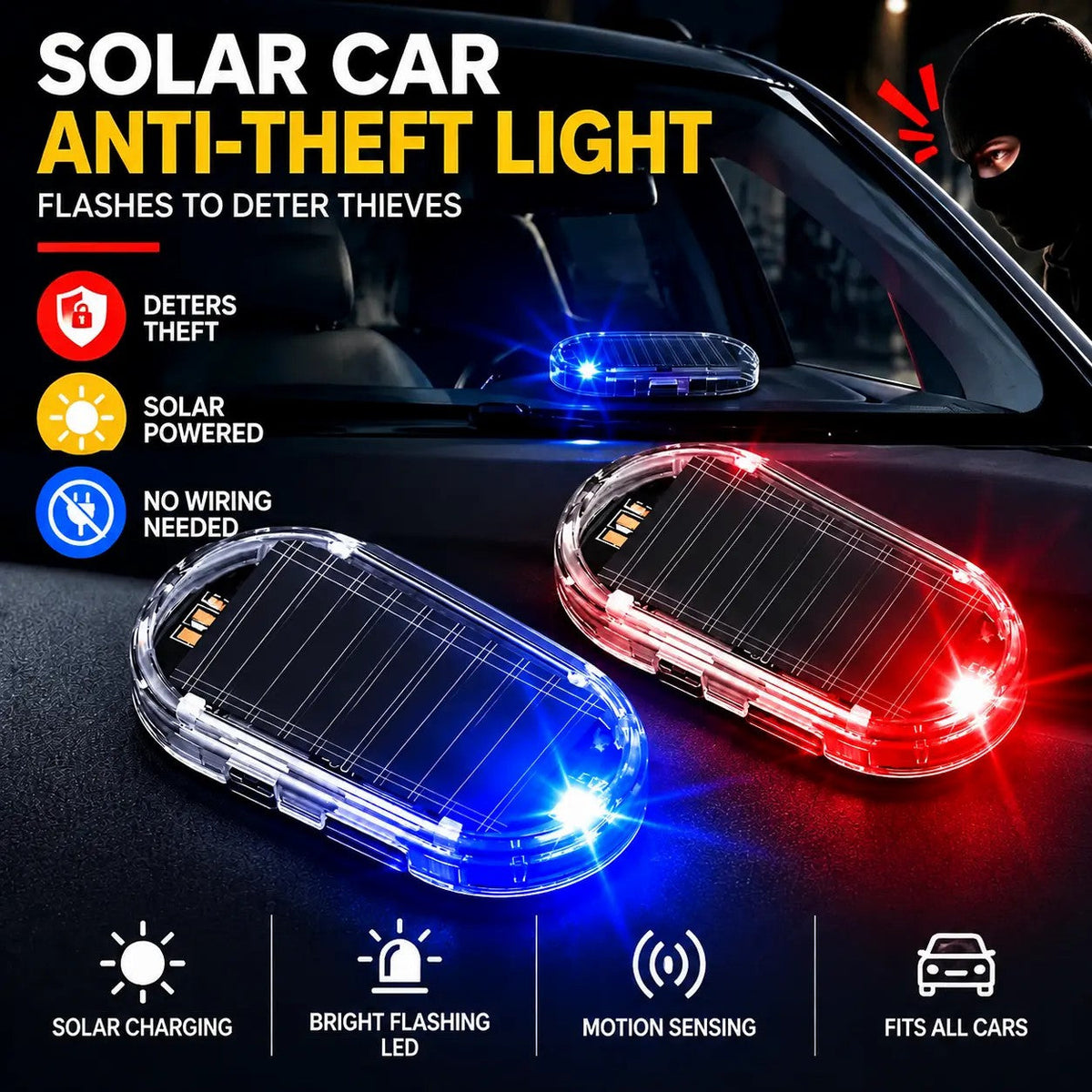 2PCS Solar Powered Fake Car Alarm Light, Auto Light Sensor LED Simulated Security Warning Light🚨 - image 1