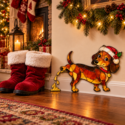 Funny Peeing Dachshund Christmas Decoration – Stained Glass-Style Sausage Dog Yard Art & Baseboard Decor