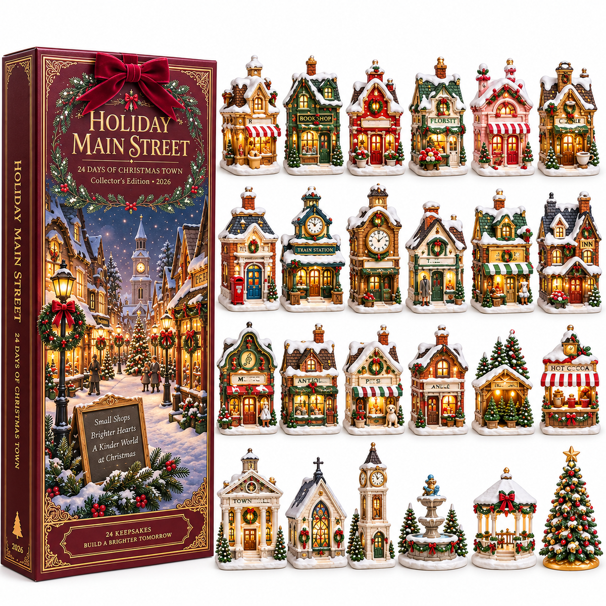 2026 Holiday Main Street 24-Day Christmas Countdown Calendar – 24 Unique Christmas Village Shop Miniatures, Charming Snowy Town Collector’s Gift