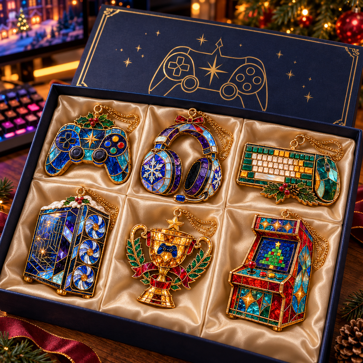 Level Up Your Christmas – 6-Piece Vintage Stained Glass Gaming Ornament Set