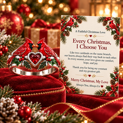 Every Christmas, I Choose You – Romantic Cardinal Heart Ring with Love Message Card, Meaningful Christmas Gift for Her