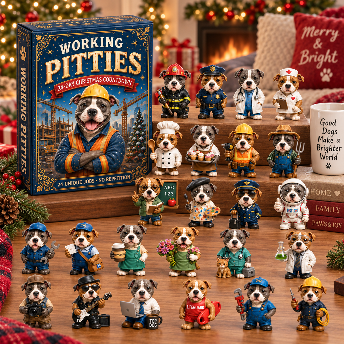 2026 Working Pitties 24-Day Christmas Countdown Calendar – 24 Unique Career Pit Bull Miniatures, Funny Working Dog Collector’s Gift for Pittie Lovers