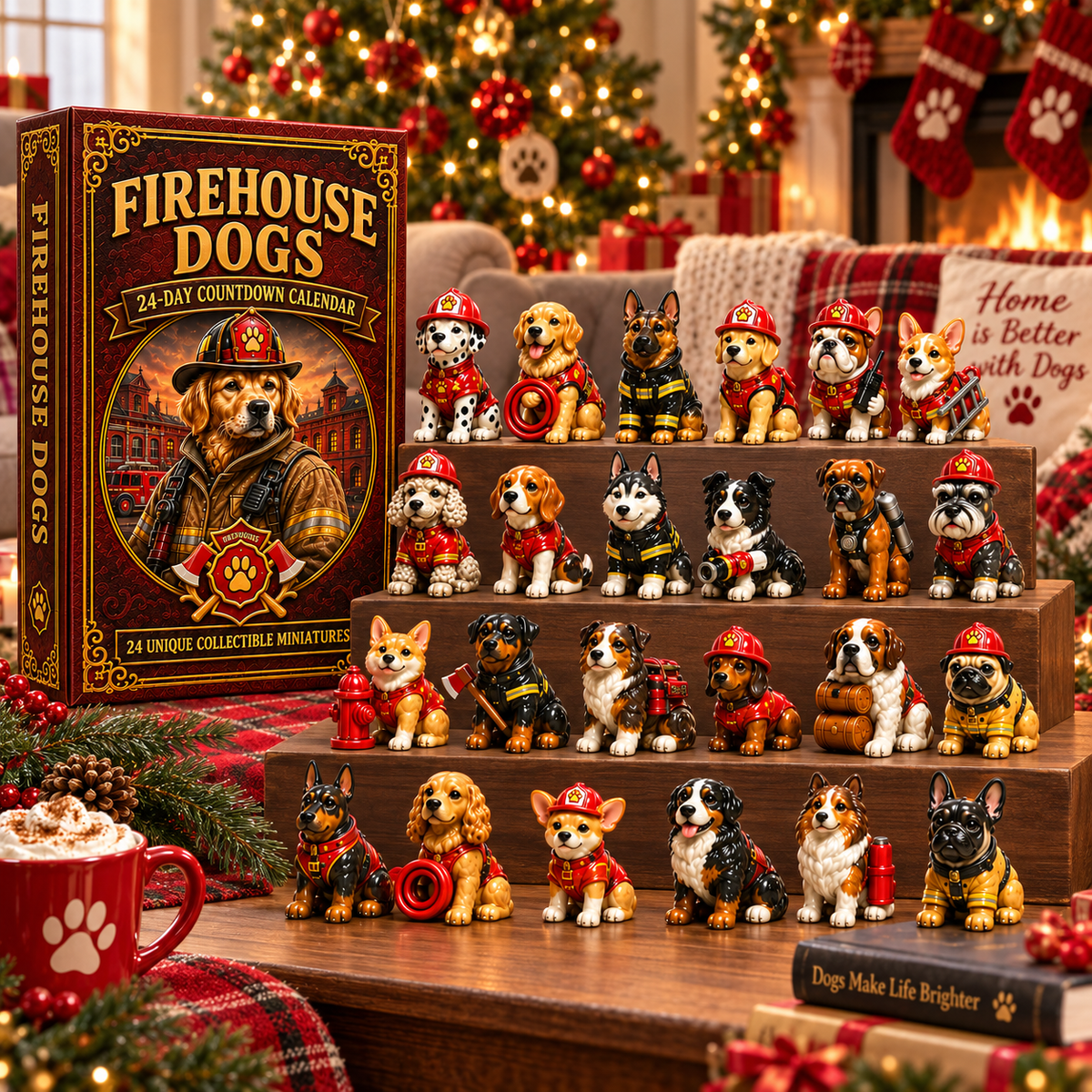 2026 Firehouse Dogs 24-Day Christmas Countdown Calendar – 24 Unique Firefighter Dog Miniatures, Heroic Canine Collector’s Gift for Dog & Firefighter Lovers