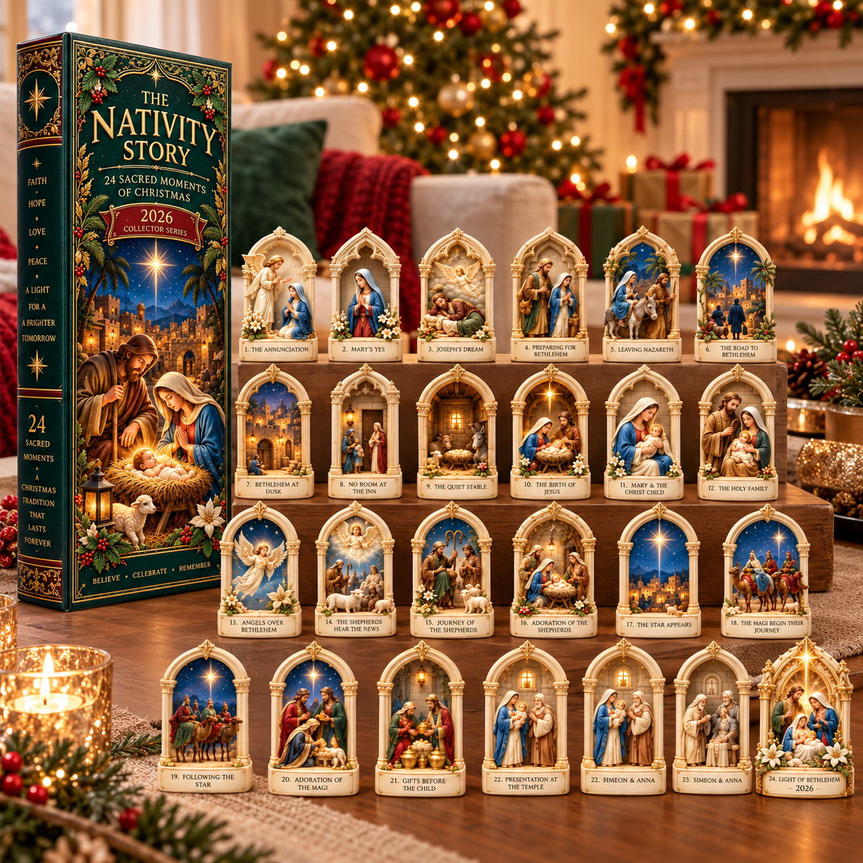 Nativity Story 2026 – 24 Sacred Moments of Christmas Countdown Calendar with 24 Unique Nativity Miniatures, Christian Christmas Collectible Gift