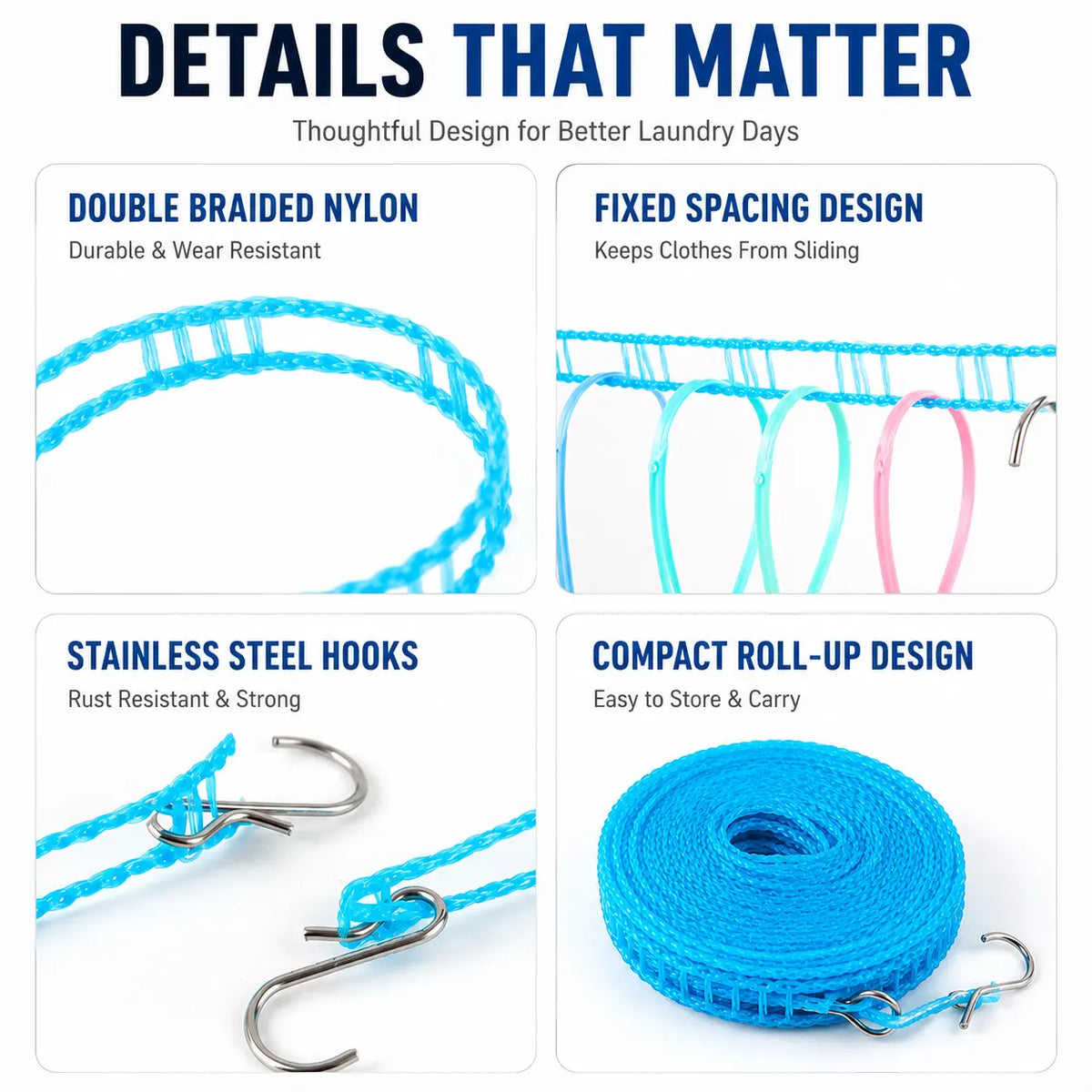 3 Roll Portable Clothesline – 196.85 Inch Adjustable Laundry Line, Windproof & Non-Slip⛺ - image 4