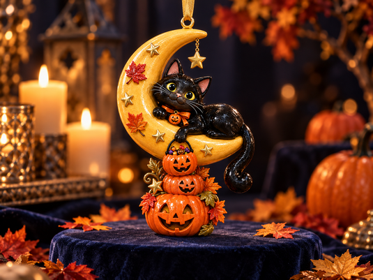 Pumpkin Moon Cat with Orange Bow Halloween ornament