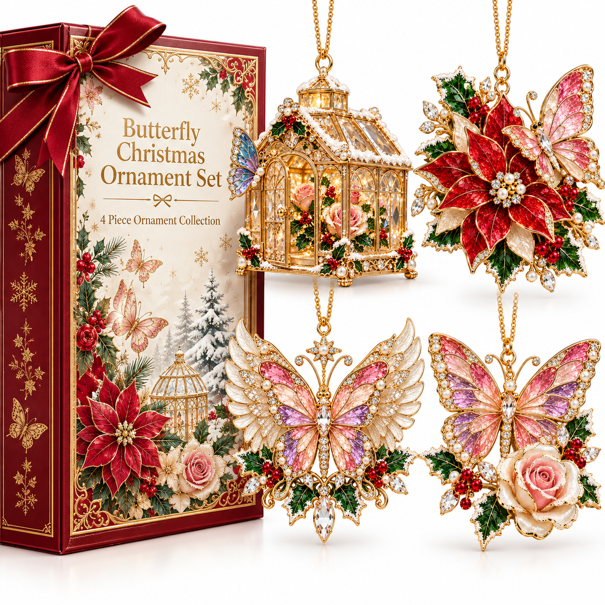 Butterfly Christmas Ornament  –  Elegant Holiday Keepsake Collection, Poinsettia & Rose Christmas Gift for Mom, Grandma & Butterfly Lovers