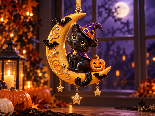 Witch Hat Cat with Bats and Pumpkin Halloween ornament