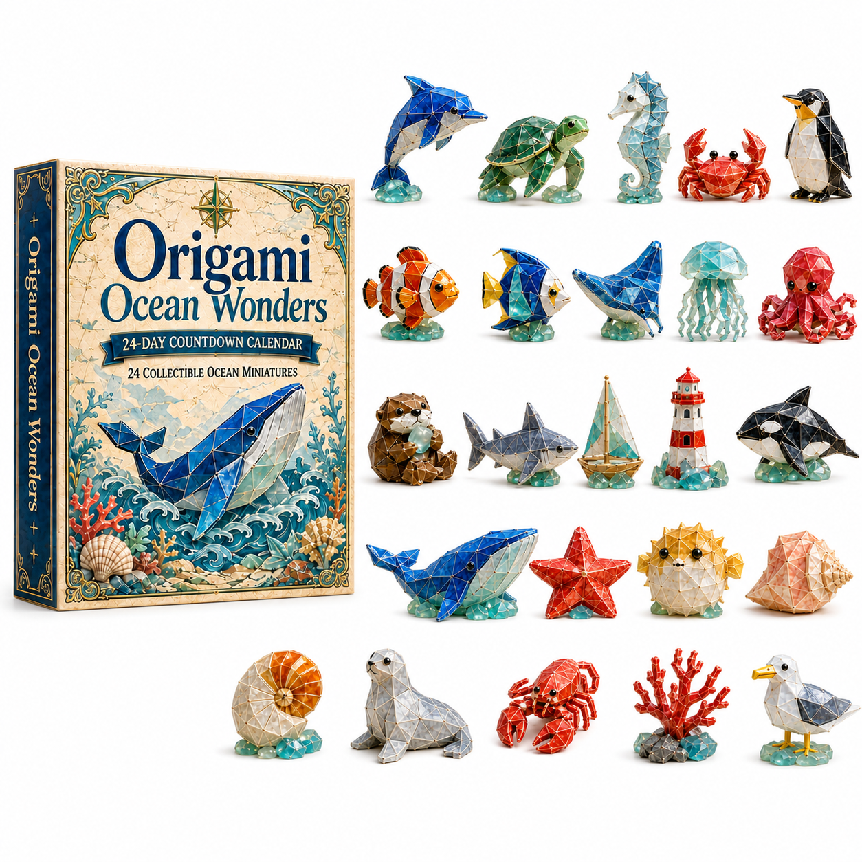 24-Day Origami Ocean Wonders Advent Calendar – 24 Collectible Ocean Figurines, A Magical Christmas Countdown Gift for Ocean Lovers