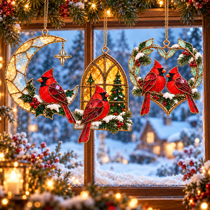 Cardinals of Christmas – Vintage Stained Glass-Style Ornaments, Set of 6