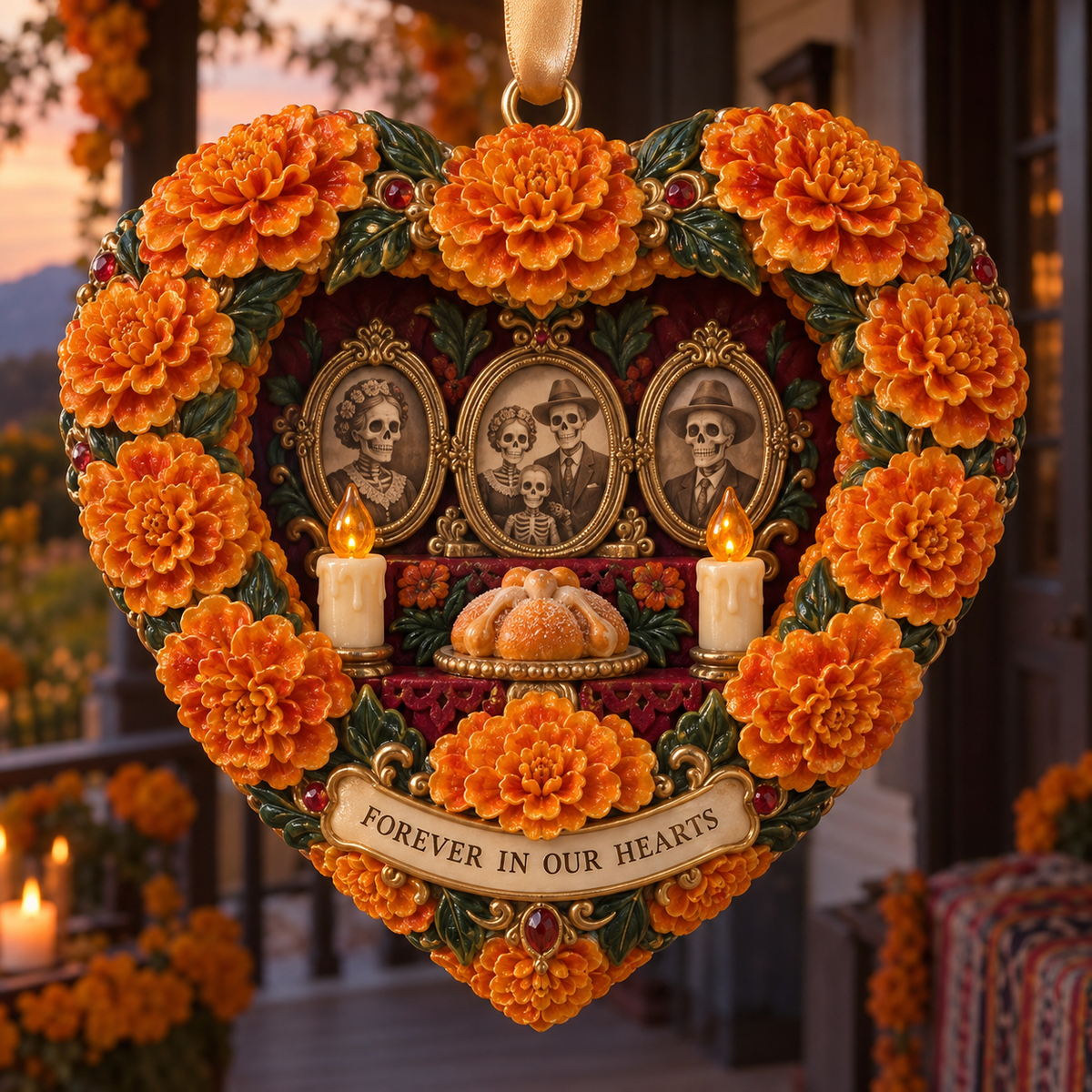 Día de Muertos Marigold Heart Ornaments –  “Forever in Our Hearts” Memorial Keepsake Collection