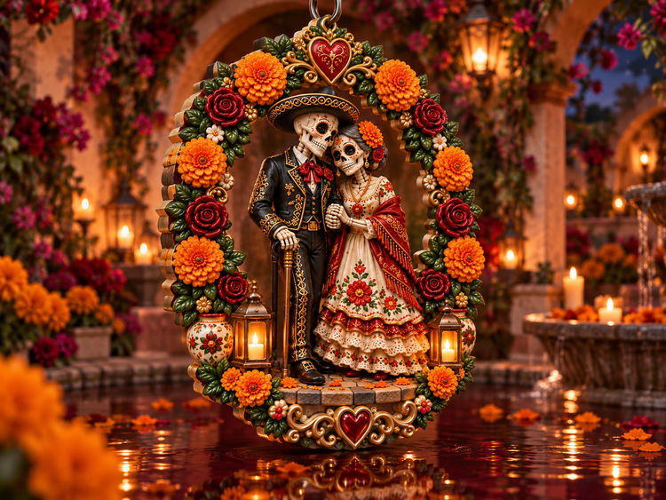 Devoted skeleton couple floral wreath keepsake