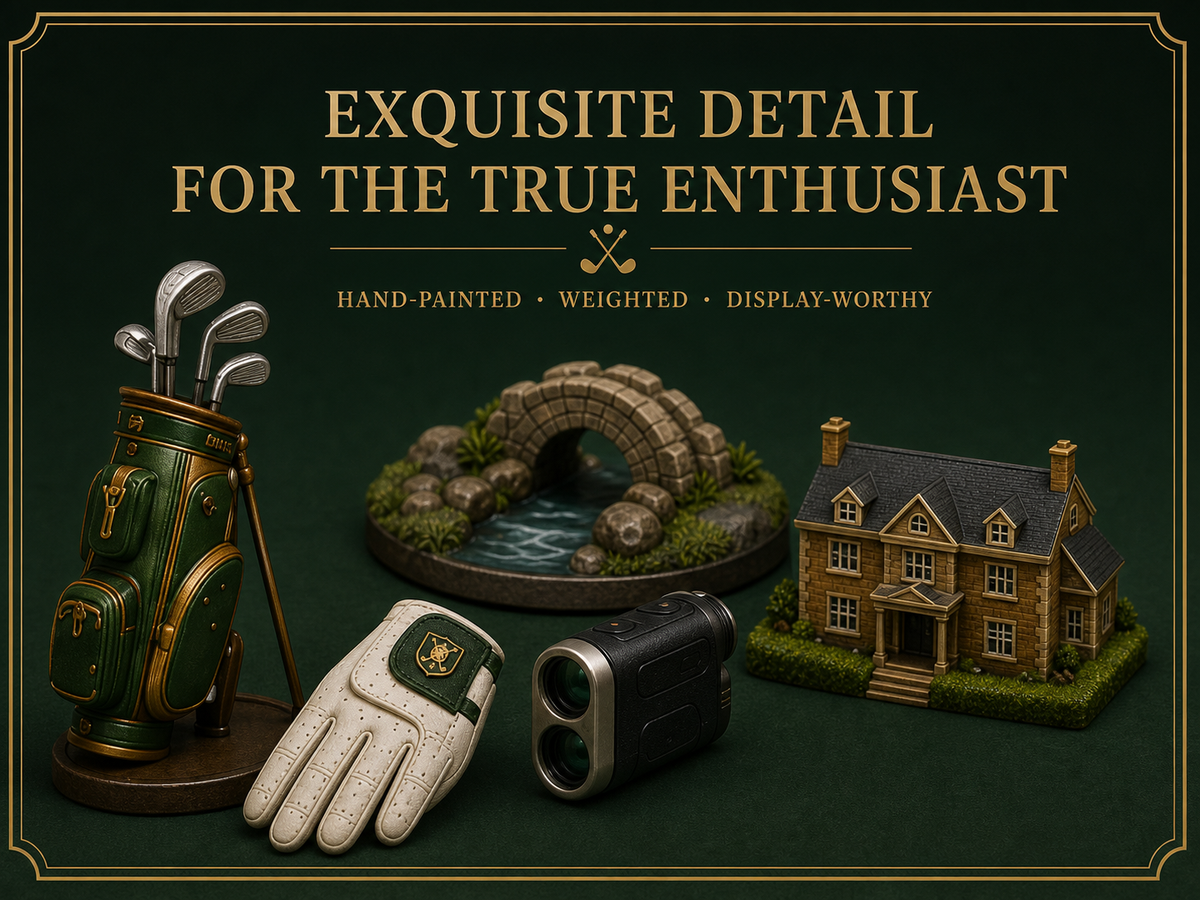 Close-up detail of miniature golf bag glove rangefinder bridge and clubhouse
