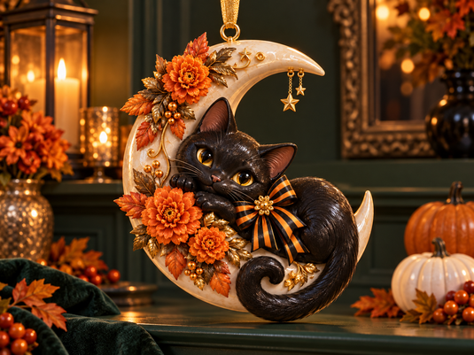 Floral Moon Cat with Striped Bow Halloween ornament