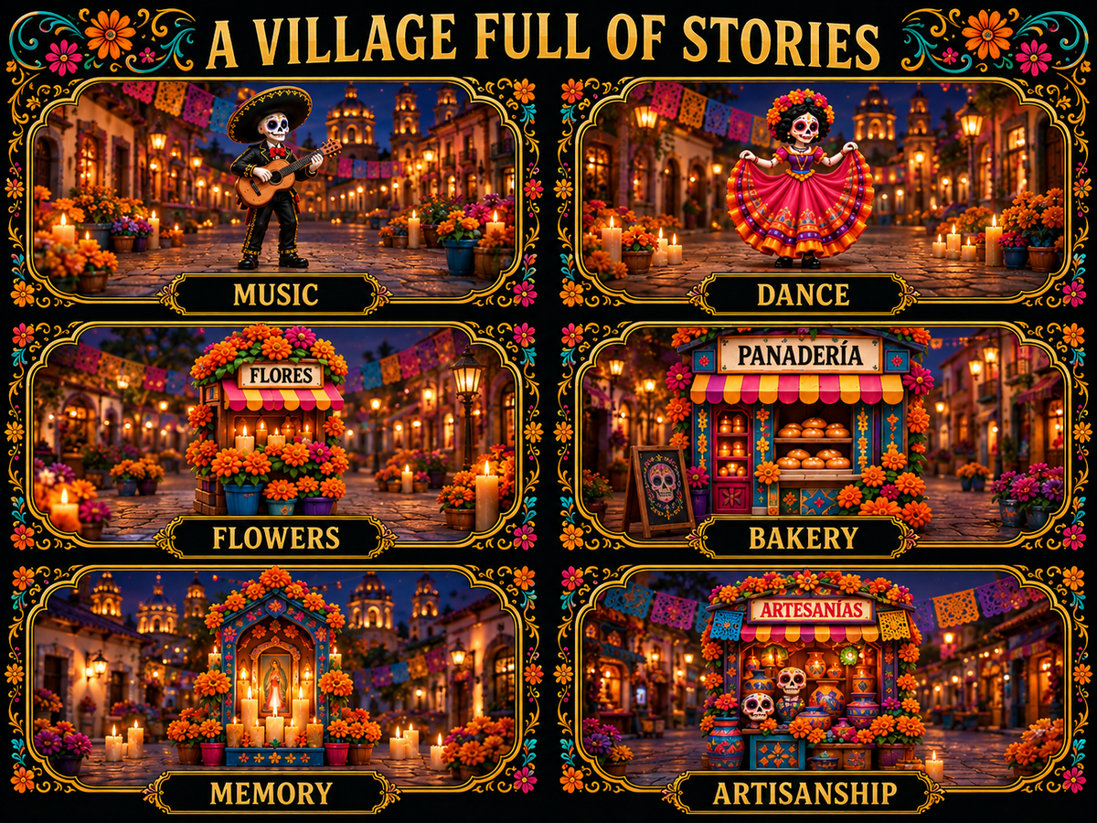 Music dance flowers bakery memory and artisanship themes in the collectible village