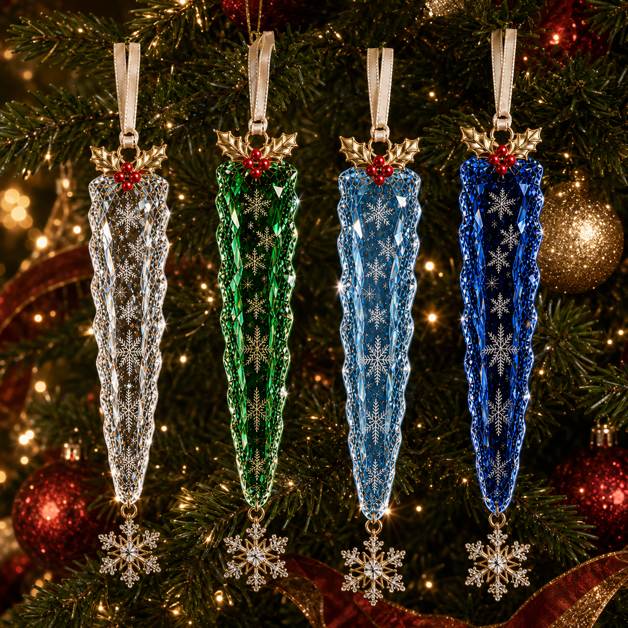 Premium Crystal Icicle Christmas Ornaments – 4-Piece Elegant Holiday Tree Decoration Set