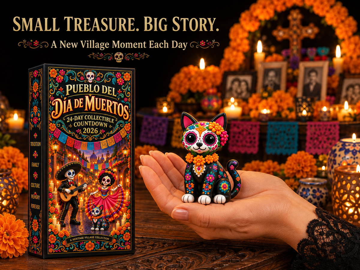 Hand-held colorful cat miniature from the 2026 Pueblo del Día de Muertos countdown