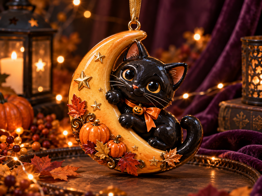 Starlit Moon Cat with Pumpkin Charm Halloween ornament