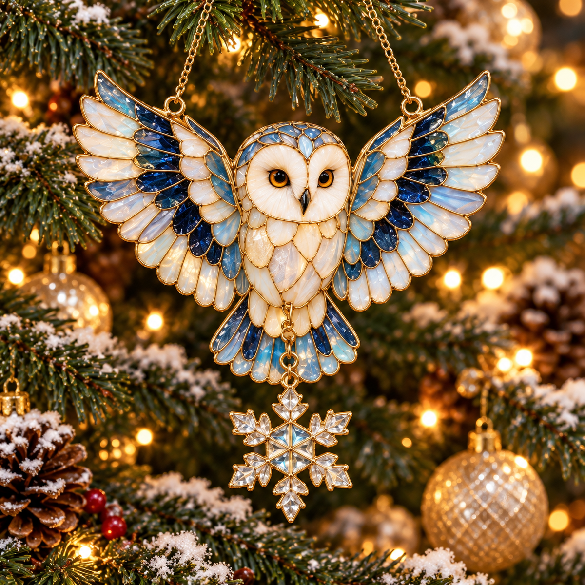 Woodland Christmas Owls – Vintage Stained Glass Style Christmas Ornaments, Set of 6