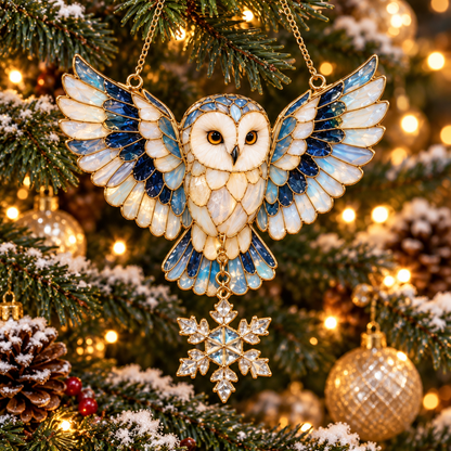 Woodland Christmas Owls – Vintage Stained Glass Style Christmas Ornaments, Set of 6