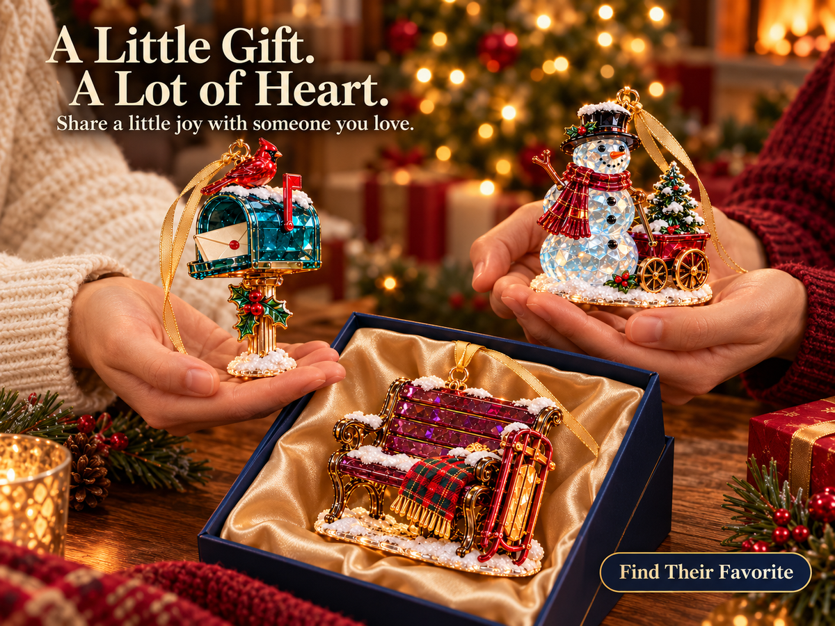 Vintage winter ornaments being held as a meaningful Christmas gift