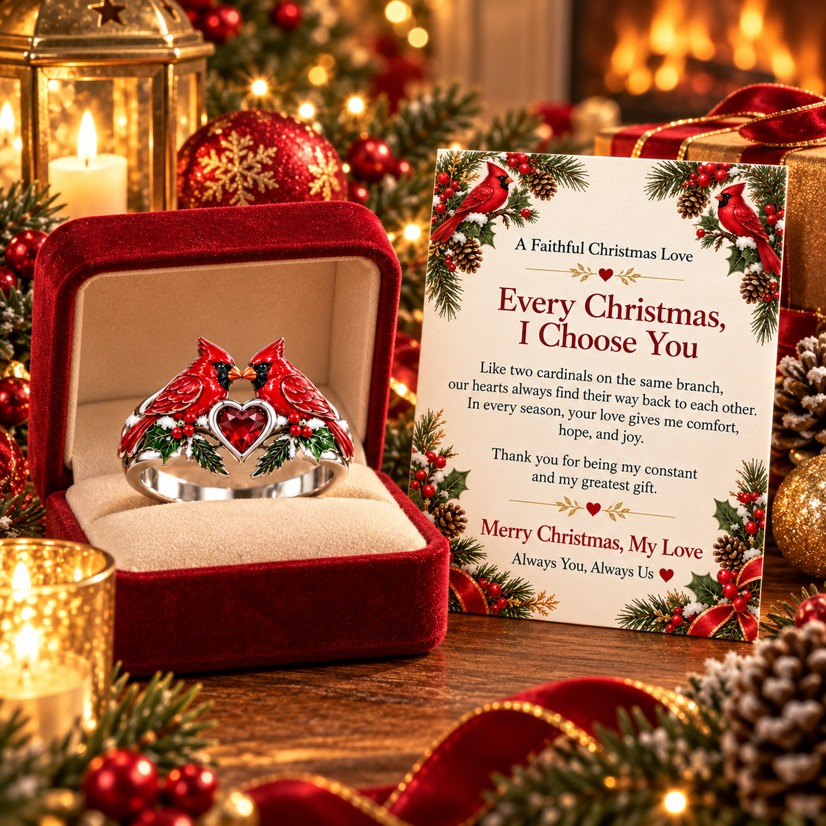 Every Christmas, I Choose You – Romantic Cardinal Heart Ring with Love Message Card, Meaningful Christmas Gift for Her