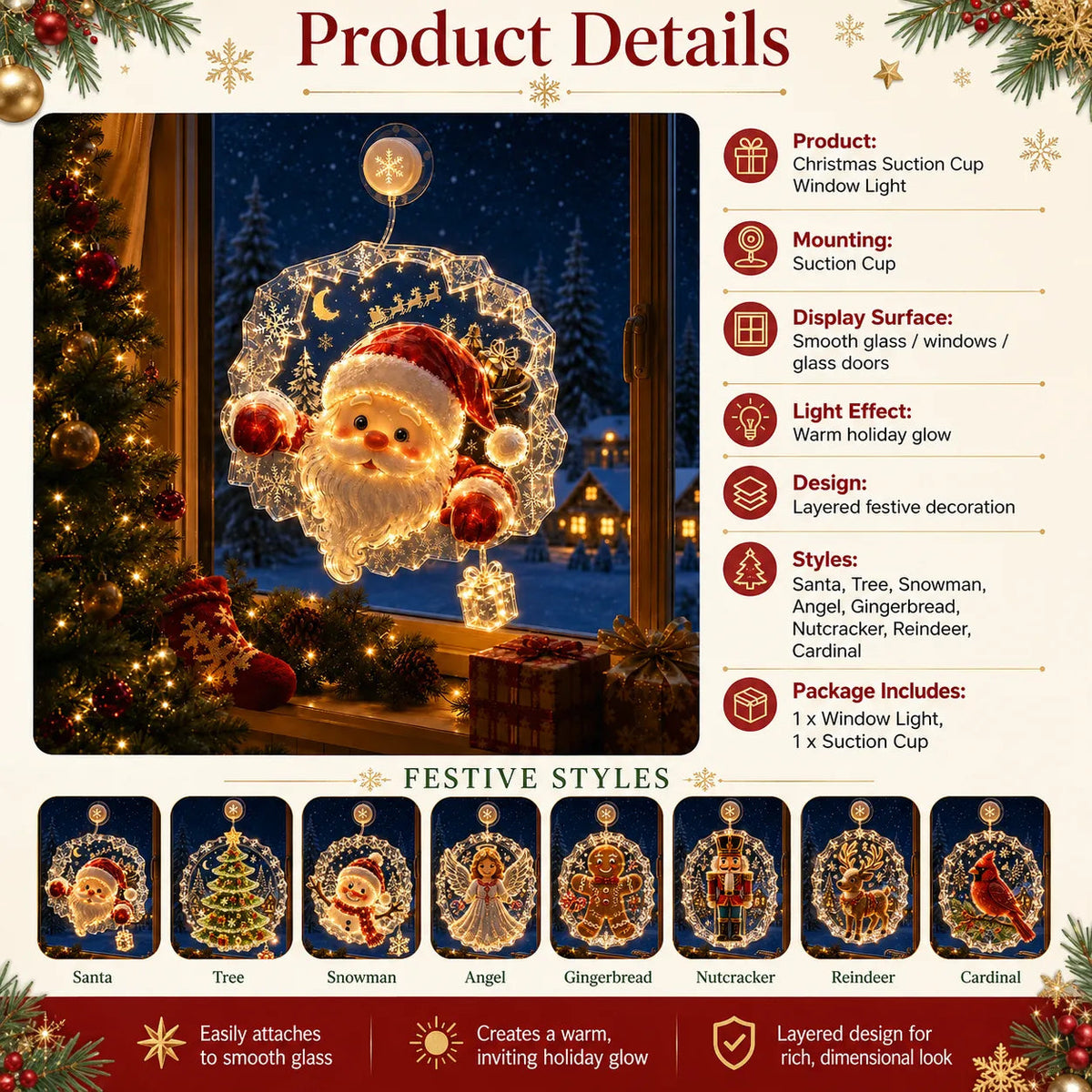 ✈️Last Day 50% OFF✨🎄Lighted Christmas Window Decoration with Suction Cup | Warm LED Window Light with Double-Layer Design & Multiple Festive Styles Flat Version✨ - image 7