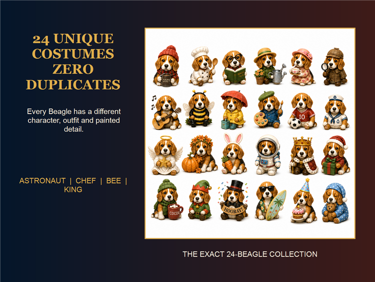 24 Beagle miniatures with different character costumes