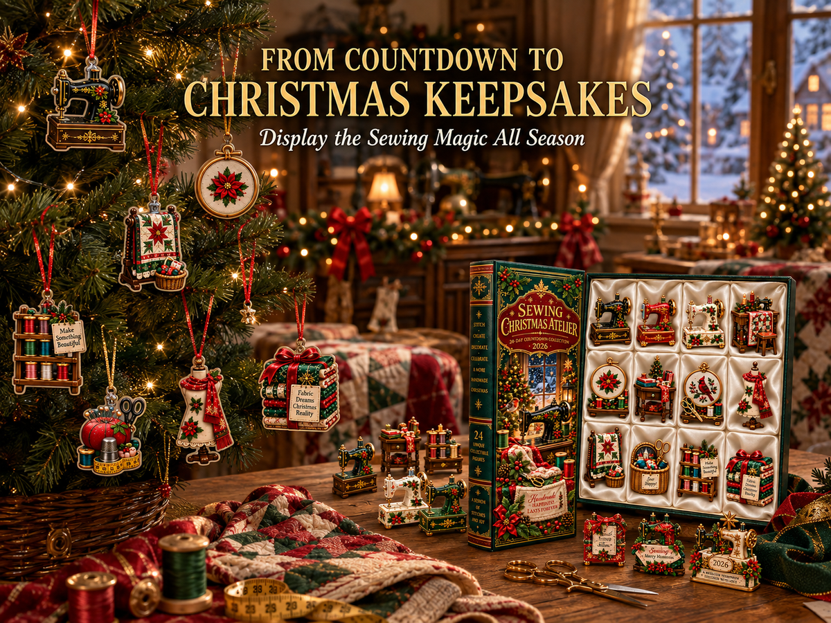 Sewing Christmas miniatures arranged as a keepsake display
