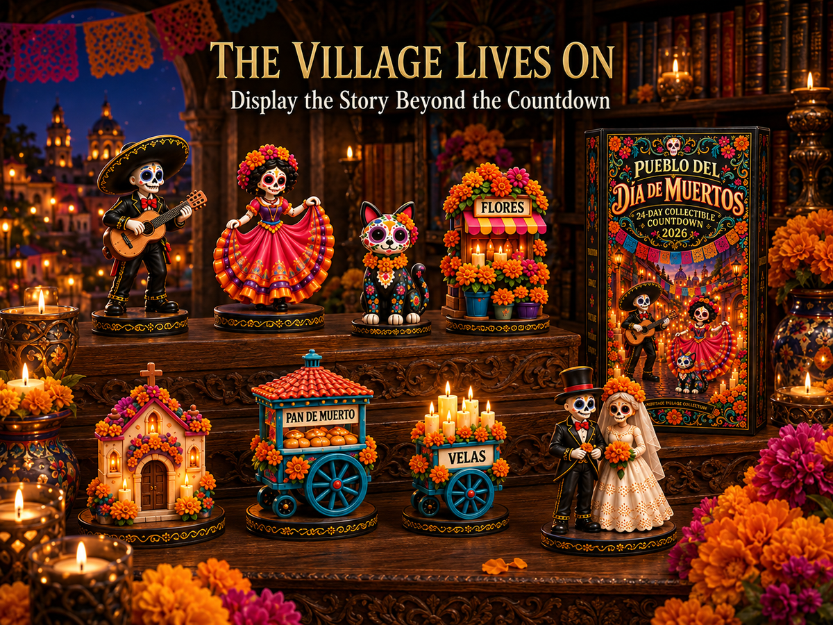 Completed Día de los Muertos-inspired village collectibles displayed together