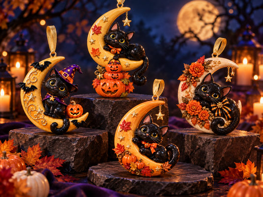 Four piece Black Cat Crescent Moon Halloween Ornament display