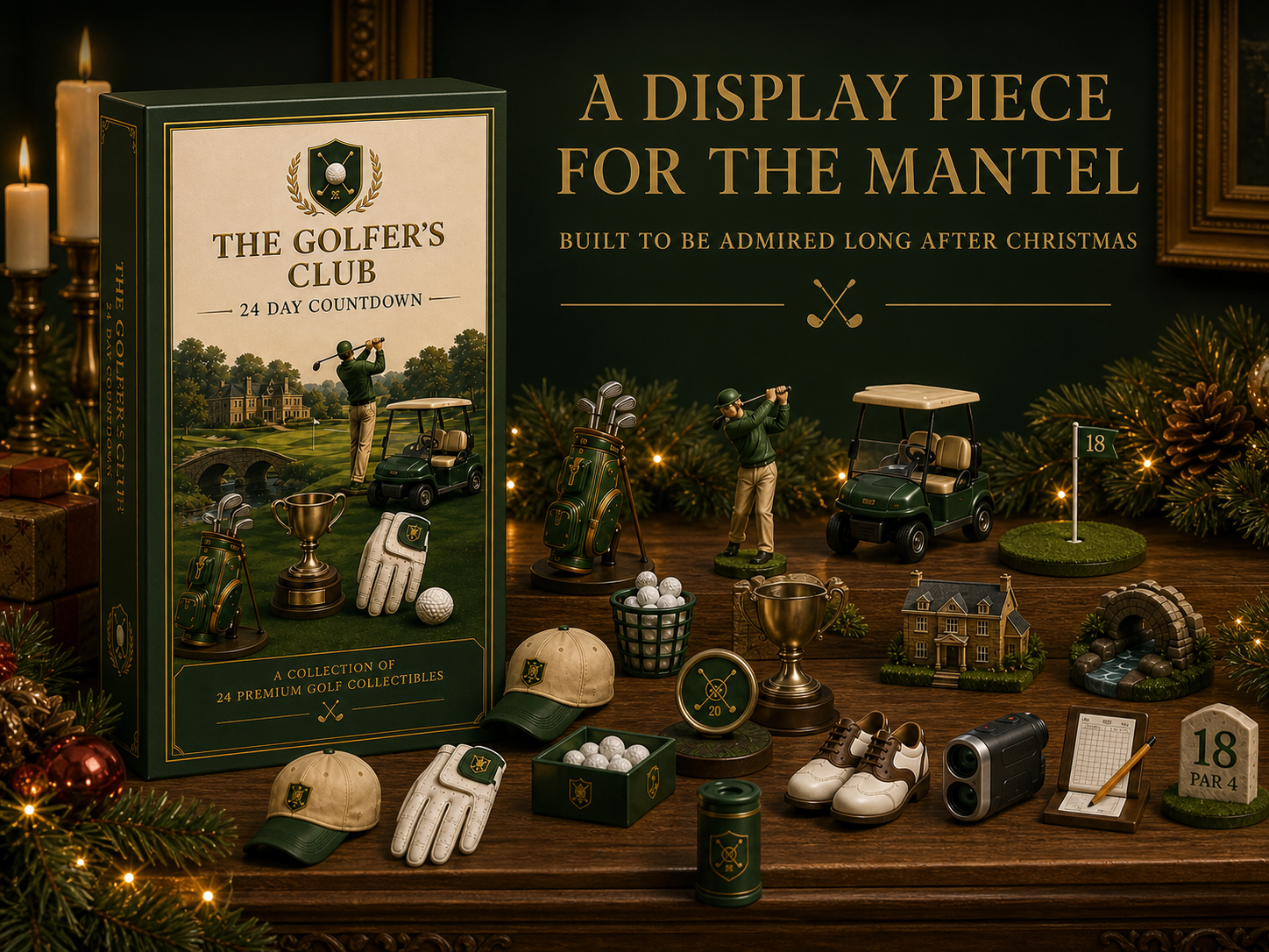 Golf advent calendar and miniature collectibles displayed on Christmas mantel