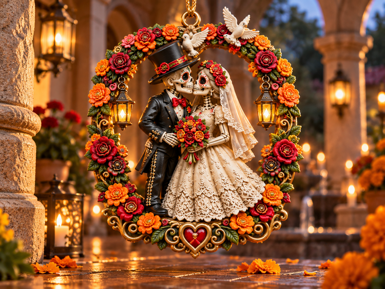 Día de Muertos skeleton couple wedding kiss ornament