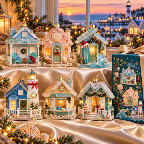 🌊 2026 Coastal Christmas Cottage Ornaments – Set of 6 Beach House Holiday Keepsakes