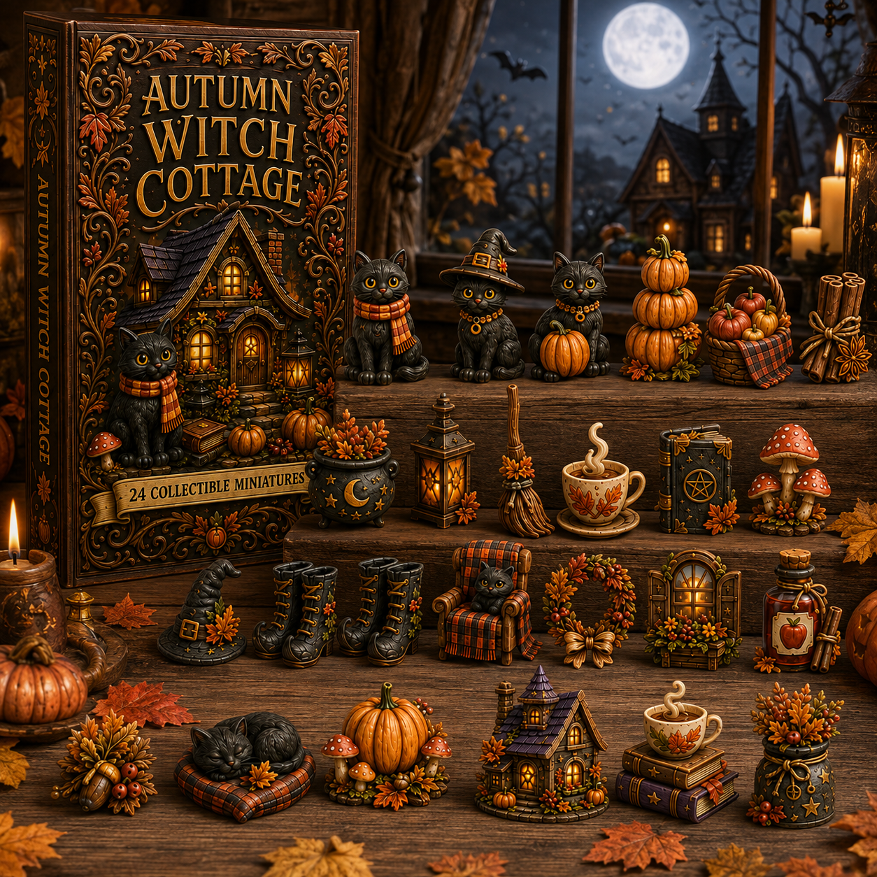 Autumn Witch Cottage Advent Calendar 2026 – 24 Cozy Witchy Miniatures, Black Cat Collectibles & Magical Fall Cottage Surprises, Acrylic Charms Blind Box