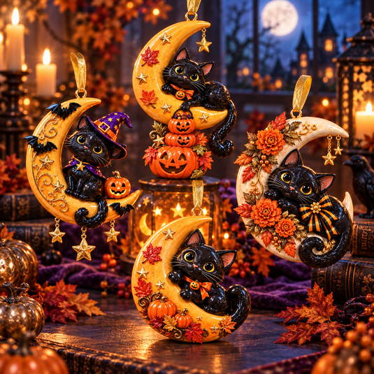 Black Cat Crescent Moon Halloween Ornament four-piece collection