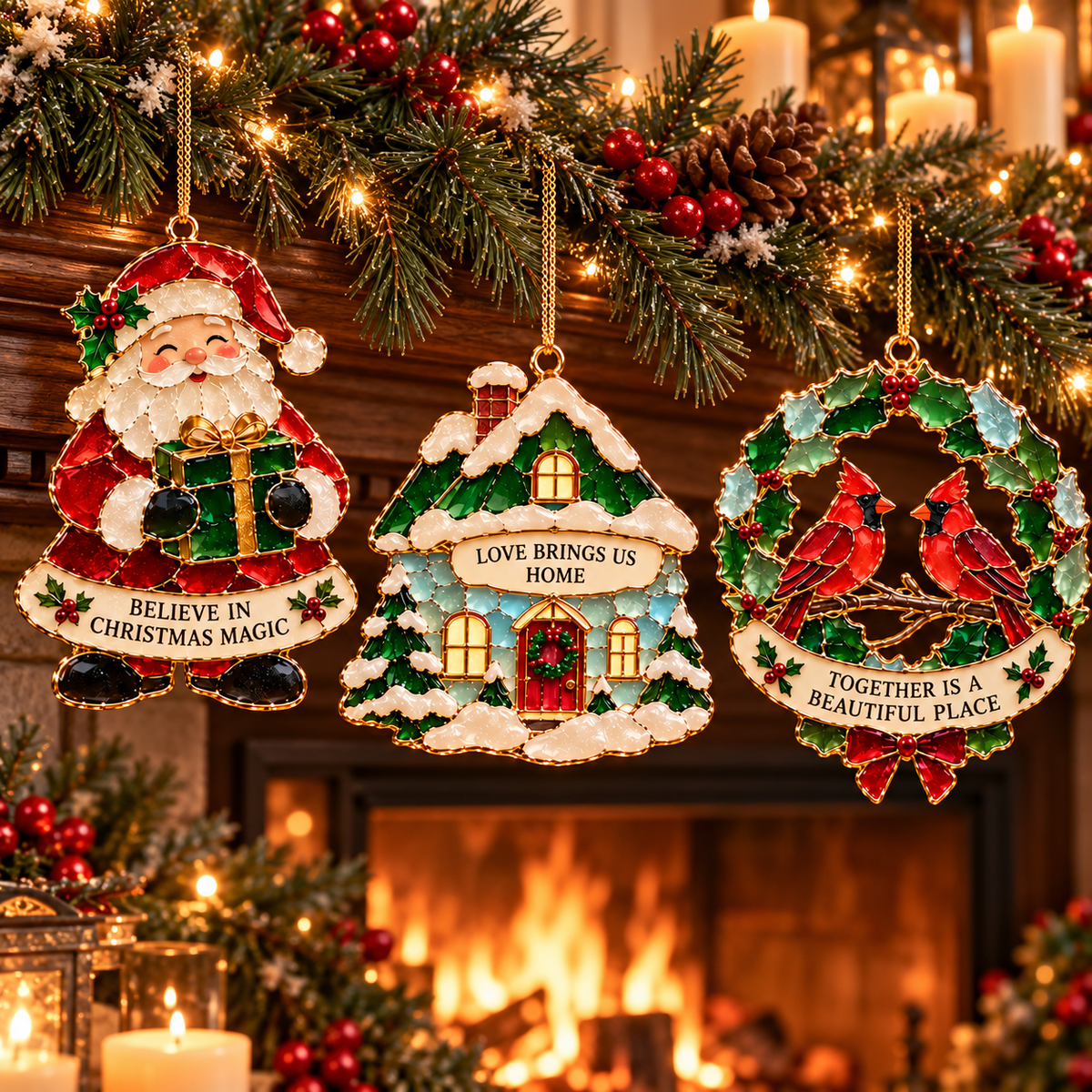 Christmas Wishes — 6-Piece Stained Glass–Style Ornament Set with Heartfelt Blessings