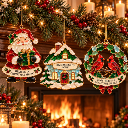 Christmas Wishes — 6-Piece Stained Glass–Style Ornament Set with Heartfelt Blessings